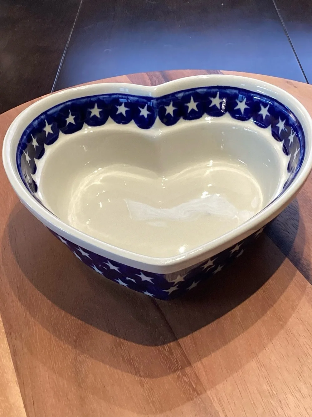 Boleslawiec Polish pottery heart shaped bowl w stars Hand Made Like New